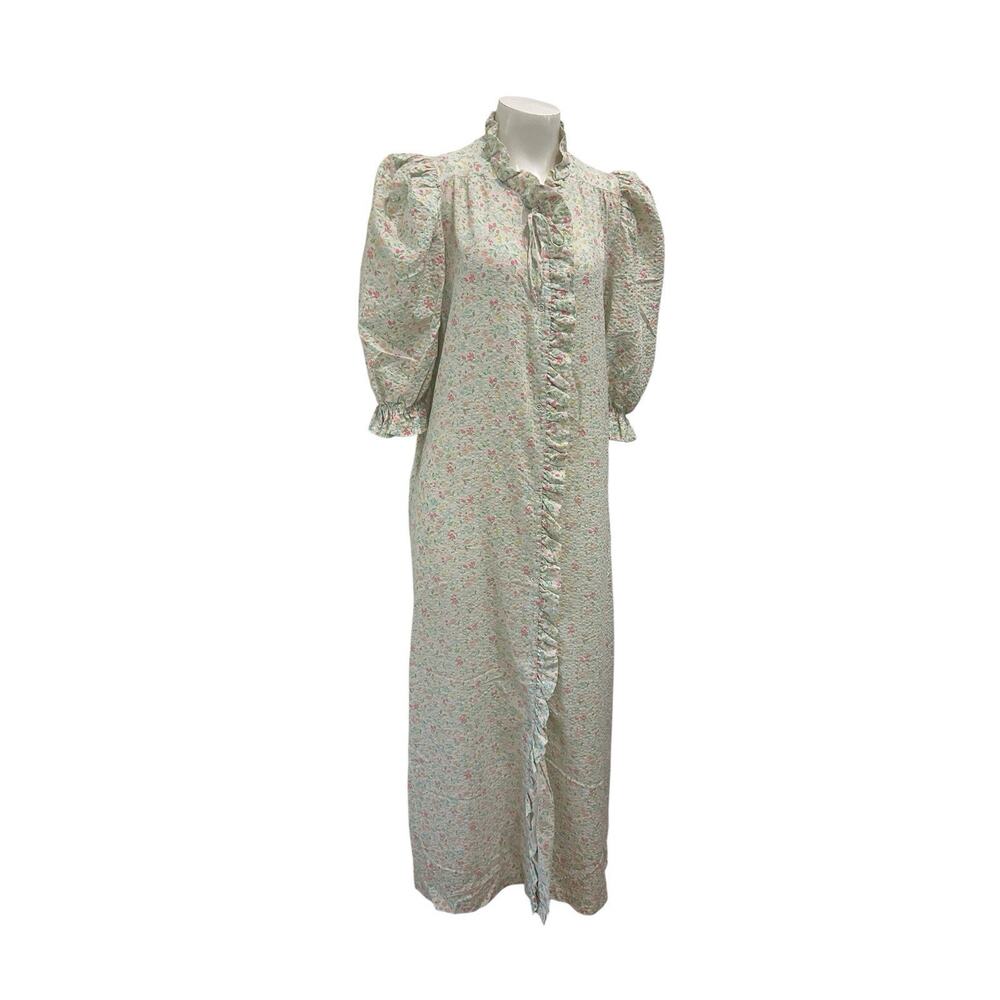 Vintage Cottagecore Floral Seersucker Housecoat Prairie Maxi Dress Ruffle M -